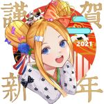  1girl 2021 :d abigail_williams_(fate/grand_order) absurdres blonde_hair blue_bow blue_eyes blue_flower blush bow chinese_zodiac commentary_request cow deal_with_it double_bun eyebrows_visible_through_hair fate/grand_order fate_(series) flower forehead fur_collar hair_bow hair_flower hair_ornament highres long_hair looking_at_viewer nengajou new_year open_mouth pink_bow portrait purple_bow round_teeth sidelocks smile solo sunglasses teeth upper_teeth wang_man year_of_the_ox 