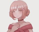  1girl ai_(meira32373165) alternate_hairstyle bangs bare_shoulders blunt_bangs brown_hair closed_mouth collar collarbone commentary_request danganronpa_(series) danganronpa_2:_goodbye_despair dress hair_ornament hairclip hairpin hand_on_own_chest looking_at_viewer nanami_chiaki off-shoulder_dress off_shoulder pink_collar pink_dress pink_eyes portrait shiny shiny_hair short_hair short_sleeves simple_background smile solo spaceship_hair_ornament 