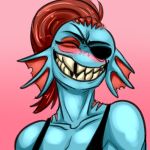  1:1 animal_humanoid clothed clothing eigaka eye_patch eyes_closed eyewear female fish fish_humanoid frill_(anatomy) hair humanoid low_res marine marine_humanoid ponytail red_hair smile smiling_at_viewer solo teeth undertale undyne video_games 