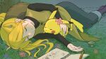  1girl bangs black_shirt blonde_hair boots chinese_commentary closed_eyes closed_mouth commentary_request eyelashes foot_out_of_frame hat hat_removed headwear_removed highres joeychen long_hair long_sleeves lying on_side pants pencil pikachu pokemon pokemon_(creature) pokemon_adventures shirt sketchbook sleeping smile split_mouth yellow_(pokemon) 