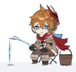  1boy aki_shou bangs black_gloves blue_eyes boots brown_jacket brown_pants bucket chair chibi earmuffs fishing fishing_rod genshin_impact gloves hair_between_eyes ice_fishing jacket male_focus mask mask_on_head orange_hair pants red_scarf scarf simple_background sitting smile solo tartaglia_(genshin_impact) white_background 