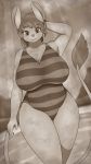  4k 9:16 absurd_res anthro beach big_breasts blue_clothing blue_eyes blue_swimwear breasts brown_body brown_hair cleavage cleavage_cutout clothed clothing cloud collarbone curvy_figure day dipodid dutch_angle female furgonomics hair hand_behind_head hi_res huge_breasts jerboa johnmarten long_ears long_tail looking_at_viewer mammal mature_anthro mature_female monochrome mountain one-piece_swimsuit outside pink_nose rodent sea seaside sepia sky slightly_chubby smile solo stripes swimwear tagme tail_tuft tuft voluptuous water wide_hips 