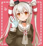  1girl amatsukaze_(kantai_collection) anchor_symbol brown_dress brown_eyes choker cocoperino commentary_request dress gloves hair_tubes hat kantai_collection lifebuoy_ornament long_hair mini_hat pink_background sailor_dress silver_hair smokestack_hair_ornament solo two_side_up waving white_gloves windsock 