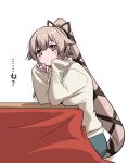  1girl alternate_costume beige_sweater grey_eyes grey_hair hair_flaps hair_ribbon kantai_collection kotatsu long_hair ponytail ribbon simple_background sitting smile solo table tamu_(mad_works) very_long_hair white_background yura_(kantai_collection) 