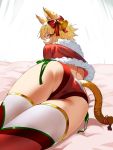  1girl absurdres anal_tail animal_ears ass bed_sheet blonde_hair capelet christmas fake_tail from_behind genshin_impact half-closed_eyes highres looking_at_viewer looking_back lumine_(genshin_impact) lying lynnete on_stomach panties red_eyes red_panties side-tie_panties tail thighhighs thighs underwear 