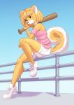  anthro arm_support bangs baseball_bat bat_(object) blonde_hair blue_background bottomwear butterscotch_(peargor) calf_tuft canid canine canis clothed clothing concrete curled_tail day domestic_dog dstears eyebrows eyelashes female fluffy fluffy_tail footwear full-length_portrait fur go_to_horny_jail gradient_background hair hi_res holding_object holding_weapon leaning_on_elbow looking_at_viewer mammal melee_weapon meme multicolored_body multicolored_fur off_shoulder outside pink_clothing pink_shirt pink_topwear portrait railing shaded shadow shiba_inu shirt shoes short_hair shorts simple_background simple_eyes sitting sitting_on_railing sky sneakers solo spitz tail_tuft three-quarter_view topwear tuft two_tone_body two_tone_fur weapon weapon_on_shoulder white_body white_bottomwear white_clothing white_eyebrows white_footwear white_fur white_shoes white_shorts yellow_body yellow_fur 