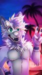  2020 5_fingers 9:16 absurd_res anthro blue_eyes canid canine citrinelle detailed_background digital_media_(artwork) fingers fur hair hi_res male mammal night open_mouth outside sky solo star starry_sky teeth tongue white_body white_fur white_hair white_nose 