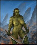  2020 abs biceps bodily_fluids bodypaint breasts deltoids female green_body green_skin hi_res holding_object holding_sword holding_weapon humanoid humanoid_pointy_ears justsomenoob melee_weapon muscular muscular_female muscular_humanoid nipples not_furry nude orc quads solo sweat sword tusks vein weapon yellow_eyes 