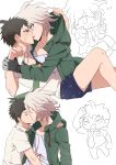  2boys ahoge anger_vein arm_around_shoulder black_shorts brown_hair coat collarbone commentary_request couple danganronpa_(series) danganronpa_2:_goodbye_despair eye_contact green_coat green_jacket green_neckwear grey_hair highres hinata_hajime hood hood_down hood_grab jacket kiss komaeda_nagito licking looking_at_another loose_necktie male_focus mechanical_arm multiple_boys multiple_views necktie shaguo shirt short_hair shorts simple_background smile tongue tongue_out white_background white_shirt wrist_grab yaoi 