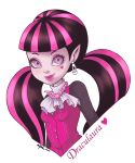  1girl absurdres autome bat_necklace black_hair black_sleeves colored_skin draculaura eyelashes fangs hair_ornament hairclip heart highres monster monster_high multicolored_hair neckerchief pink_hair pink_shirt pink_skin shirt two-tone_hair vampire 