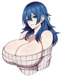  1girl absurdres bare_shoulders blue_eyes blue_hair breasts camui_kamui cleavage collarbone commentary_request highres huge_breasts light_smile long_hair looking_at_viewer original simple_background solo sweater upper_body white_background 