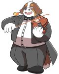  2020 absurd_res ambient_bird anthro avian belly bernese_mountain_dog bird bottomwear bow_tie brown_body brown_fur canid canine canis clothing domestic_dog facial_hair fur hi_res humanoid_hands kemono male mammal molosser mountain_dog musical_instrument mustache omo_kemo overweight overweight_anthro overweight_male pants shirt simple_background solo swiss_mountain_dog topwear white_background white_body white_fur 