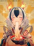 1girl blush closed_eyes crossette_(xenoblade) eating fire food fuwamoko_momen_toufu highres horns mechanical_arm multicolored_hair noodles pointy_ears short_hair solo xenoblade_chronicles_(series) xenoblade_chronicles_2 