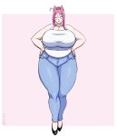  2017 animal_humanoid bare_shoulders big_breasts black_clothing black_footwear black_shoes blue_bottomwear blue_clothing blue_pants bmxii bottomwear breasts canid canid_humanoid canine canine_humanoid chubby_female clothing denim denim_clothing digital_media_(artwork) ebreenu eyes_closed female footwear fox_humanoid front_view full-length_portrait hair hair_bun hands_on_hips huge_breasts humanoid jeans light_body light_skin mammal mammal_humanoid pants pink_background pink_ears pink_hair portrait shirt signature simple_background sleeveless_shirt slightly_chubby smile solo standing topwear white_clothing white_shirt white_topwear 