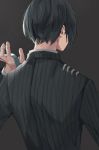  1boy black_hair black_jacket commentary_request danganronpa_(series) danganronpa_v3:_killing_harmony facing_away from_behind grey_background hand_up highres holding jacket long_sleeves male_focus null_(skev7724) saihara_shuuichi short_hair simple_background solo striped_jacket upper_body 