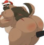  2020 absurd_res anthro belly bhtoss big_butt black_nose brown_body brown_fur butt canid canine canis christmas christmas_clothing christmas_headwear clothing domestic_dog fur hat headgear headwear hi_res holidays kemono male mammal overweight overweight_anthro overweight_male santa_hat scar simple_background solo spank_marks tokyo_afterschool_summoners video_games white_background yasuyori 