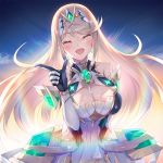 breasts cleavage cleavage_cutout closed_eyes clothing_cutout hinot jewelry large_breasts long_hair mythra_(xenoblade) open_mouth pointing sky smile sunlight xenoblade_chronicles_(series) xenoblade_chronicles_2 