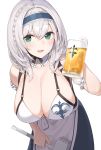  alcohol apron beer beer_mug braid breasts cleavage collar cup detached_collar enosan hammer headband highres holding holding_cup hololive large_breasts leaning_forward medium_hair mug open_mouth shirogane_noel silver_hair smile virtual_youtuber 