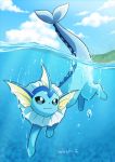  :3 air_bubble black_eyes blue_sky blue_theme bubble closed_mouth cloud cloudy_sky commentary_request creature day enishi_(menkura-rin10) full_body gen_1_pokemon happy highres no_humans outdoors partially_submerged pokemon pokemon_(creature) signature sky smile solo swimming vaporeon 