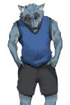  2020 anthro bottomwear canid canine canis clothing fur grey_body grey_fur lemonlunch male mammal password_(visual_novel) shirt shorts simple_background solo topwear tyson_(password) video_games visual_novel white_background wolf 
