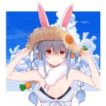  1girl a2gmanoid animal_ear_fluff animal_ears bare_shoulders black_bra blue_hair blue_ribbon border bow bra braid breasts bunny_ears carrot_hair_ornament cleavage closed_mouth cloud cloudy_sky commentary_request cumulonimbus_cloud day don-chan_(usada_pekora) dress expressionless eyebrows_visible_through_hair flower food_themed_hair_ornament hair_between_eyes hair_bow hair_ornament hand_on_headwear hat hat_flower hololive long_hair looking_at_viewer multicolored_hair red_eyes ribbon silver_hair sky sleeveless small_breasts solo straw_hat thick_eyebrows twin_braids twintails two-tone_hair underwear upper_body usada_pekora virtual_youtuber white_border white_bow white_dress 