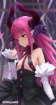  1girl blue_eyes blush breasts curled_horns detached_sleeves dragon_horns elizabeth_bathory_(fate) elizabeth_bathory_(fate)_(all) eyebrows_visible_through_hair fang fate/extra fate/extra_ccc fate/grand_order fate_(series) hair_between_eyes hair_ribbon highres horns jampen long_hair long_sleeves looking_away pink_hair pointy_ears purple_ribbon ribbon small_breasts solo two_side_up white_sleeves 