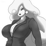  1:1 2017 air_creature air_humanoid big_breasts black_clothing black_shirt black_topwear bmxii breasts cartoon_network cleavage clothed clothing cloud cloud_humanoid digital_media_(artwork) ear_piercing ear_ring elemental_creature elemental_humanoid female front_view hair hair_over_eye half-length_portrait humanoid lipstick living_cloud long_hair makeup mature_female monochrome one_eye_obstructed piercing portrait shirt simple_background solo the_amazing_world_of_gumball topwear white_background white_hair yuki_yoshida 