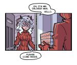  &lt;3 &lt;3_eyes clothing comic demon dialogue duo english_text female helltaker humanoid male modeus_(helltaker) pizza_box red_eyes text vanripper 