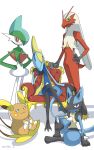  alolan_form alolan_raichu blaziken blue_eyes brown_eyes closed_mouth commentary_request creature enishi_(menkura-rin10) expressionless gallade gen_3_pokemon gen_4_pokemon gen_7_pokemon gen_8_pokemon highres inteleon looking_at_viewer lucario no_humans pokemon pokemon_(creature) signature simple_background sitting smile standing white_background yellow_eyes 