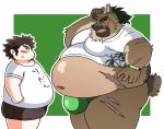  2020 anthro belly blush bulge canid canine canis chubby_protagonist_(tas) clothing domestic_dog duo eyes_closed hi_res human humanoid_hands japanese_text kemono male male/male mammal navel obese overweight overweight_male protagonist_(tas) scar shirt tdph2dubnoxxthu text tokyo_afterschool_summoners topwear underwear video_games yasuyori 