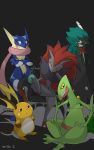  black_background black_eyes brown_eyes commentary_request creature crossed_arms decidueye enishi_(menkura-rin10) expressionless gen_1_pokemon gen_3_pokemon gen_5_pokemon gen_6_pokemon gen_7_pokemon green_eyes greninja highres looking_at_viewer no_humans pokemon pokemon_(creature) raichu sceptile signature simple_background sitting smirk standing yellow_eyes zoroark 