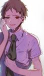  1boy brown_eyes brown_hair collared_shirt commentary_request crying crying_with_eyes_open danganronpa_(series) danganronpa_2:_goodbye_despair green_neckwear hand_up highres hinata_hajime looking_at_viewer male_focus miyuzu necktie necktie_grab neckwear_grab open_mouth red_eyes shirt short_hair short_sleeves simple_background smile solo tears upper_body white_shirt 