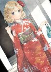  1girl absurdres blonde_hair blue_eyes blush closed_mouth floral_print hair_ribbon highres janus_(kantai_collection) japanese_clothes kantai_collection kimono kure_jirou long_sleeves obi print_kimono red_kimono red_ribbon ribbon sash short_hair smile solo v-shaped_eyebrows wide_sleeves 