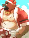  2020 anthro belly bottomwear brown_body brown_fur canid canine canis christmas christmas_clothing christmas_headwear clothing domestic_dog fur hat headgear headwear hi_res holidays humanoid_hands male mammal navel overweight overweight_anthro overweight_male santa_hat sawch_cls scar shorts solo tokyo_afterschool_summoners video_games yasuyori 