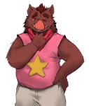  anthro bottomwear brown_body brown_fur clothing fur humanoid_hands lemonlunch male mammal pants password_(visual_novel) roswell_(password) shirt simple_background slightly_chubby solo suid suina sus_(pig) topwear video_games visual_novel white_background wild_boar 