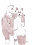  2019 absurd_res bottomwear canid canine canis clothing dave_(password) duo gemahursusonca hi_res hoodie humanoid_hands hyaenid male male/male mammal pants password_(visual_novel) shirt simple_background striped_hyena topwear tyson_(password) video_games visual_novel wolf 