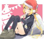  1girl black_sailor_collar black_serafuku black_skirt blonde_hair blush closed_mouth crescent crescent_moon_pin hair_between_eyes hat highres kantai_collection long_hair long_sleeves low_twintails makkusu_(max_101010) neckerchief panties sack sailor_collar santa_hat satsuki_(kantai_collection) school_uniform serafuku skirt smile solo twintails underwear white_neckwear white_panties yellow_eyes 