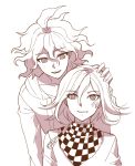  2boys argyle blush checkered checkered_scarf commentary_request danganronpa_(series) danganronpa_2:_goodbye_despair danganronpa_v3:_killing_harmony greyscale hair_between_eyes hand_on_another&#039;s_head jacket komaeda_nagito long_sleeves looking_at_another looking_at_viewer male_focus medium_hair messy_hair monochrome multiple_boys open_mouth ouma_kokichi parted_lips purple_eyes scarf shirt short_hair simple_background smile songmil teeth upper_body 