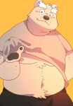  2020 anthro arufina_w belly black_nose bottomwear clothing kemono male mammal moobs nipples overweight overweight_male pants shirt simple_background topwear ursid 