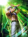  1boy abs arms_up bare_pecs biceps chest_tattoo crossed_arms glowing highres looking_at_viewer manly muscular muscular_male official_art open_hands orochi_(kof) outstretched_arms pants snk tattoo the_king_of_fighters the_king_of_fighters_&#039;97 the_king_of_fighters_all-stars white_hair white_pants 