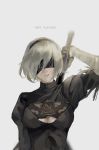  1girl absurdres bangs black_blindfold black_dress black_hairband black_legwear blindfold breasts cleavage commentary_request copyright_name dress gloves hairband highres juliet_sleeves long_sleeves mole mole_under_mouth nier_(series) nier_automata null_(skev7724) parted_lips puffy_sleeves short_hair silver_hair simple_background solo thighhighs upper_body yorha_no._2_type_b 