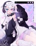  1boy :o absurdres aqua_eyes black_collar black_jacket black_nails capo_coda_(vtuber) cat_slippers choker collar collarbone ear_piercing eyebrows_visible_through_hair eyepatch eyes_visible_through_hair fang hair_between_eyes hair_ornament hairclip headphones heart heterochromia highres holding holding_stuffed_toy jacket magenta_eyes mazamuno notched_ear original patterned_clothing paw_print_pattern piercing pointer purple_shorts shirt shorts signature skin_fang sleep_mask sleeves_past_wrists slippers spiked_collar spikes stuffed_animal stuffed_cat stuffed_toy virtual_youtuber white_footwear white_hair white_legwear white_shirt wire 