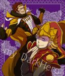  2boys blonde_hair fire_emblem fire_emblem_awakening fire_emblem_fates flower gangrel_(fire_emblem) kokosimon looking_at_viewer male_focus multiple_boys red_hair rose simple_background smile zola_(fire_emblem) 