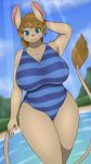  4k 9:16 absurd_res anthro beach big_breasts blue_clothing blue_eyes blue_swimwear breasts brown_body brown_hair cleavage cleavage_cutout clothed clothing cloud collarbone curvy_figure day dipodid dutch_angle female furgonomics hair hand_behind_head hi_res huge_breasts jerboa johnmarten long_ears long_tail looking_at_viewer mammal mature_anthro mature_female mountain one-piece_swimsuit outside pink_nose rodent sea seaside sky slightly_chubby smile solo stripes swimwear tagme tail_tuft tuft voluptuous water wide_hips 