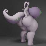  1:1 3d_(artwork) anthro big_breasts big_butt big_tail breasts butt darkdraketom digital_media_(artwork) female goodra green_nipples grey_background hand_on_butt huge_butt looking_at_viewer nintendo nipples pok&eacute;mon pok&eacute;mon_(species) purple_body simple_background solo thick_thighs video_games 