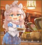  1girl animal_ears big_hair blue_eyes blue_neckwear blue_sky blush buffet commentary_request elbow_gloves eyebrows_visible_through_hair fur_collar gloves kemono_friends lion_ears lion_girl lion_tail long_hair necktie open_mouth plaid plaid_neckwear plaid_skirt plaid_trim pleated_skirt saliva shirt skirt sky solo tail toki_reatle tray white_fur white_gloves white_hair white_lion_(kemono_friends) white_shirt 