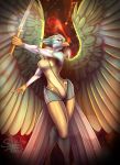  anthro avian bird clothing digital_drawing_(artwork) digital_media_(artwork) dreamkeepers fae_winters feathers female fight hi_res melee_weapon patreon_exclusive pinup pinup_pose pose solo sunny_way sword weapon wings 