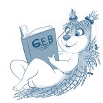  1:1 anthro blue_and_white blush book bow_ribbon butt female holding_object lonbluewolf mammal monochrome nude pigtails porcupine quills reading_book rodent simple_background solo unknown_character white_background 