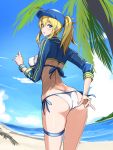  1girl absurdres adjusting_clothes adjusting_swimsuit ahoge artoria_pendragon_(all) ass beach bikini blonde_hair blue_eyes blue_jacket blue_sky blush breasts cloud covered_nipples eyebrows_visible_through_hair fate/grand_order fate_(series) feet_out_of_frame from_behind highres isao jacket looking_at_viewer medium_breasts mountainous_horizon mysterious_heroine_xx_(foreigner) palm_tree ponytail side-tie_bikini sidelocks sky solo swimsuit thigh_strap tied_hair tree water wristband 