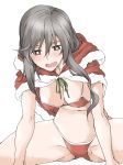  1girl bikini blush breasts bright_pupils brown_eyes brown_hair capelet christmas cleavage elf_(stroll_in_the_woods) frown fur-trimmed_capelet fur_trim girls_und_panzer girls_und_panzer_senshadou_daisakusen! half-closed_eyes hanging_breasts highres hood hood_down hooded_capelet large_breasts leaning_forward long_hair mature open_mouth red_bikini red_capelet santa_bikini shimada_chiyo simple_background sitting skindentation solo spread_legs string_bikini sweat swimsuit textless white_background white_pupils 